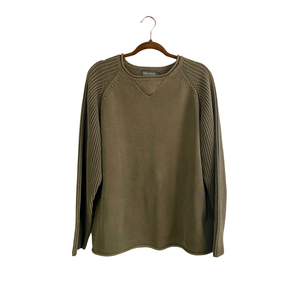 Fisherman Out of Ireland Cotton Knit Sweater LG Olive Green Ribbed Raglan Crew